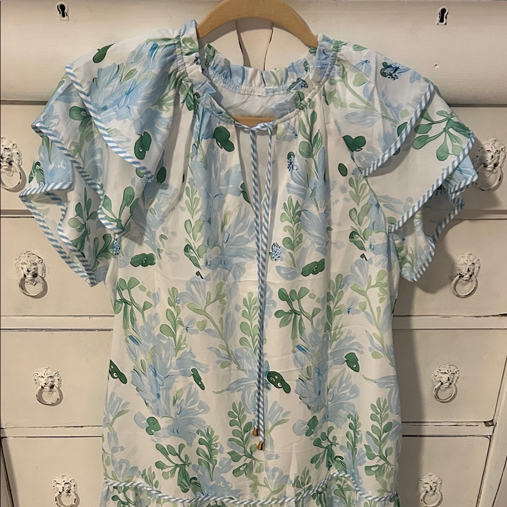 Leafy Blue and Green Ruffle Sleeve Dress